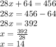 28x+64=456\\28x=456-64\\28x=392\\x=\frac{392}{28}\\x=14