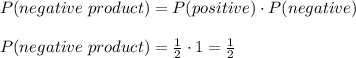 P(negative\ product)=P(positive)\cdot P(negative)\\\\P(negative\ product)=\frac{1}{2}\cdot 1=\frac{1}{2}