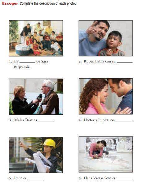 Escoger fill in the blanks activity textbook instructionscomplete the description of each photo usin