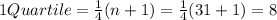 1Quartile= \frac{1}{4} (n+1) = \frac{1}{4} (31+1) = 8