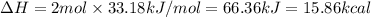 \Delta H=2 mol\times 33.18 kJ/mol=66.36kJ=15.86 kcal