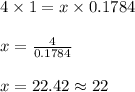 4 \times 1 = x \times 0.1784\\\\x = \frac{4}{0.1784}\\\\x = 22.42 \approx 22