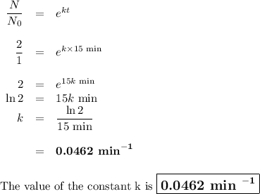 \begin{array}{rcl}\dfrac{N}{N_{0}}& =& e^{kt}\\\\\dfrac{2}{1}& = & e^{k\times15 \text{ min}}\\\\2 & = & e^{15k \text{ min}}\\\ln 2 & = & 15k \text{ min}\\k & = & \dfrac{\ln2 }{\text{15 min}}\\\\& = & \textbf{0.0462 min}^{\mathbf{-1}}\\\\\end{array}\\\text{The value of the constant k is $\large \boxed{\textbf{0.0462 min }^{\mathbf{-1}}}$}