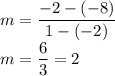 m=\dfrac{-2-(-8)}{1-(-2)}\\m=\dfrac{6}{3}=2