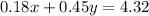 0.18x+0.45y=4.32