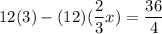 12(3) - (12)(\dfrac{2}{3}x) = \dfrac{36}{4}