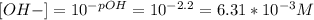 [OH-] = 10^{-pOH } = 10^{-2.2}  = 6.31*10^{-3} M