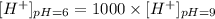 [H^+]_{pH=6}=1000\times [H^+]_{pH=9}