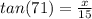 tan(71)=\frac{x}{15}