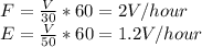 F=\frac{V}{30}*60 = 2V/hour\\E=\frac{V}{50}*60 = 1.2V/hour