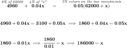 \bf \stackrel{\textit{8\% of 62000}}{4960}+\stackrel{\textit{4\% of "x"}}{0.04x}~~=~~\stackrel{\textit{5\% return on the two investments}}{0.05(62000+x)} \\\\\\ 4960 + 0.04x = 3100+0.05x\implies 1860+0.04x=0.05x \\\\\\ 1860 = 0.01x\implies \cfrac{1860}{0.01}=x\implies 186000=x