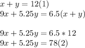 x+y=12(1)\\9x+5.25y=6.5(x+y)\\\\9x+5.25y=6.5*12\\9x+5.25y=78(2)