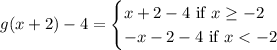 g(x+2)-4 = \begin{cases}x+2-4  \text{ if }x \ge -2 \\ -x-2-4 \text{ if }x < -2\end{cases}