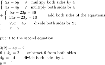 \left\{\begin{array}{ccc}2x-5y=9&\text{multipy both sides by 4}\\3x+4y=2&\text{multiply both sides by 5}\end{array}\right\\\underline{+\left\{\begin{array}{ccc}8x-20y=36\\15x+20y=10\end{array}\right}\qquad\text{add both sides of the equations}\\.\qquad23x=46\qquad\text{divide both sides by 23}\\.\qquad x=2\\\\\text{put it to the second equation}\\\\3(2)+4y=2\\6+4y=2\qquad\text{subtract 6 from both sides}\\4y=-4\qquad\text{divide both sides by 4}\\y=-1