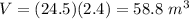 V=(24.5)(2.4)=58.8\ m^{3}