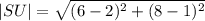 |SU|  =  \sqrt{(6- 2) ^{2}  + (8 - 1) ^{2} }