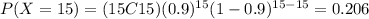 P(X=15)=(15C15)(0.9)^{15} (1-0.9)^{15-15}=0.206