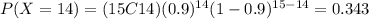 P(X=14)=(15C14)(0.9)^{14} (1-0.9)^{15-14}=0.343