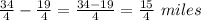 \frac{34}{4}-\frac{19}{4} =\frac{34-19}{4} = \frac{15}{4}\ miles