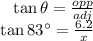 \begin{array}{r}{\tan \theta=\frac{o p p}{a d j}} \\{\tan 83^{\circ}=\frac{6.2}{x}}\end{array}