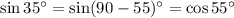 \sin 35^{\circ} =\sin (90-55)^{\circ} =\cos55^{\circ}