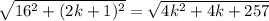 \sqrt{16^2+(2k+1)^2}=\sqrt{4k^2+4k+257}