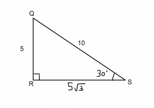Given right triangle qrs, what is the value of sin(30°)?  startfraction startroot 3 endroot over 3 e