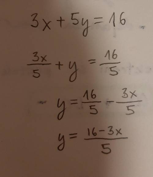 2points solve the equation 3x + 5y = 16 for y,