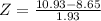 Z = \frac{10.93 - 8.65}{1.93}