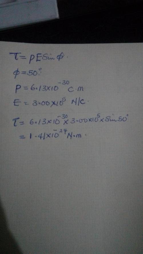 The electric dipole moment of a water molecule (h2o) is 6.13×10−30 c⋅m. you place a water molecule i