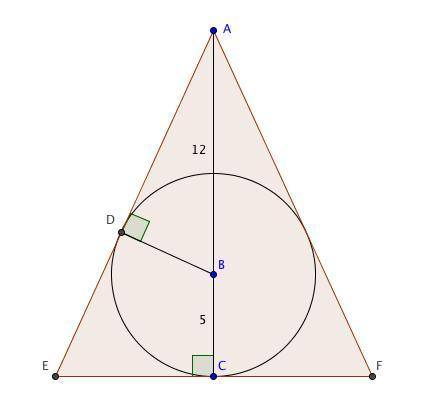 What is the length of the base of an isosceles triangle if the center of the inscribed circle divide