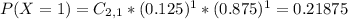 P(X = 1) = C_{2,1}*(0.125)^{1}*(0.875)^{1} = 0.21875