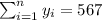 \sum_{i=1}^n y_i =567