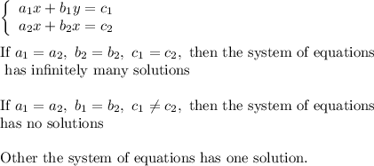 \left\{\begin{array}{ccc}a_1x+b_1y=c_1\\a_2x+b_2x=c_2\end{array}\right\\\\\text{If}\ a_1=a_2,\ b_2=b_2,\ c_1=c_2,\ \text{then the system of equations}\\\text{ has infinitely many solutions}\\\\\text{If}\ a_1=a_2,\ b_1=b_2,\ c_1\neq c_2,\ \text{then the system of equations}\\\text{has no solutions}\\\\\text{Other the system of equations has one solution.}