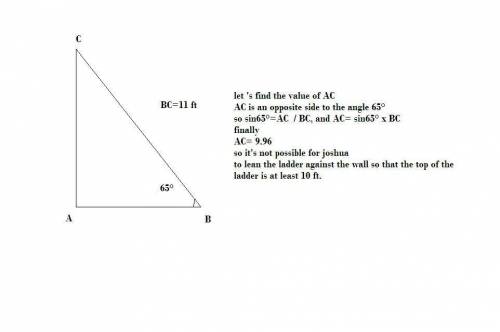 ⦁joshua has a ladder that is 11 ft. long. he will lean the ladder against a vertical wall. for safet