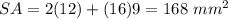 SA=2(12)+(16)9=168\ mm^{2}