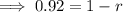 \implies 0.92 = 1 - r