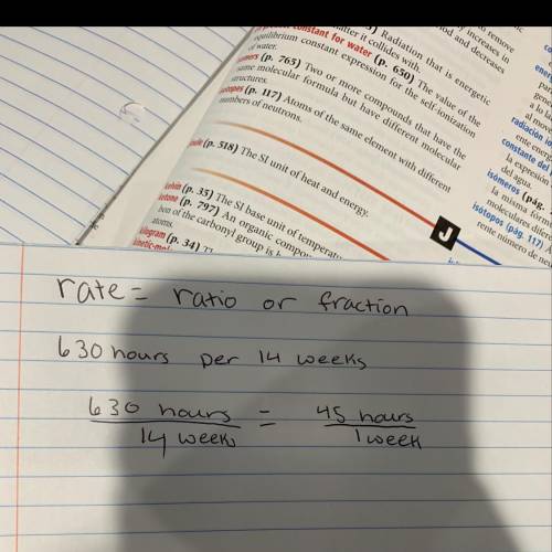 Vince worked 630 hours in 14 weeks. at what rate did he work in hours per week?