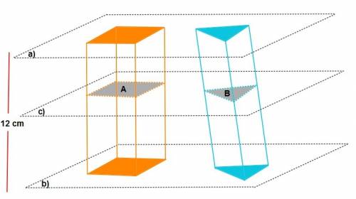 Aright rectangular prism and an oblique triangular prism are both 12 centimeters tall and have the s