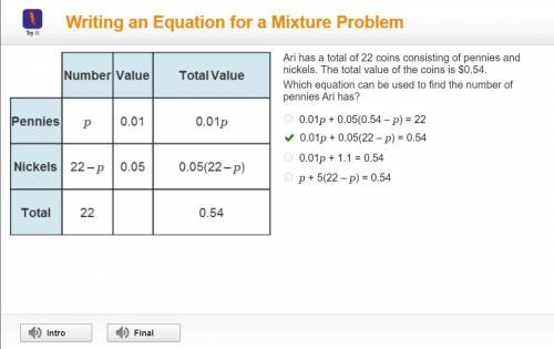 Ari has a total of 22 coins consisting of pennies and nickels. the total value of the coins is $0.54