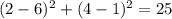 (2-6)^2+(4-1)^2=25