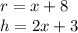 r=x+8\\ h=2x+3