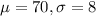 \mu = 70, \sigma = 8