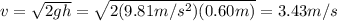 v=\sqrt{2gh}=\sqrt{2(9.81 m/s^2)(0.60 m)}=3.43 m/s