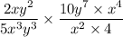 \dfrac{2xy^2}{5x^3y^3} \times \dfrac{10y^7\times x^4}{x^2 \times 4}