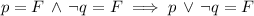 p=F\,\land\,\neg q=F\implies p\,\lor\,\neg q=F