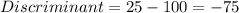 Discriminant=25 -100=-75