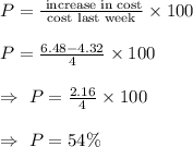 P=\frac{\text{ increase in cost}}{\text{cost last week}}\times100\\\\\Rioghtarrow\ P=\frac{6.48-4.32}{4}\times100\\\\\Rightarrow\ P=\frac{2.16}{4}\times100\\\\\Rightarrow\ P=54\%