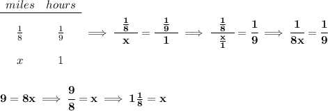 \bf \begin{array}{ccll} miles&hours\\ \cline{1-2}\\ \frac{1}{8}&\frac{1}{9}\\\\ x&1 \end{array}\implies \cfrac{~~\frac{1}{8}~~}{x}=\cfrac{~~\frac{1}{9}~~}{1}\implies \cfrac{~~\frac{1}{8}~~}{\frac{x}{1}}=\cfrac{1}{9}\implies \cfrac{1}{8x}=\cfrac{1}{9} \\\\\\ 9=8x\implies \cfrac{9}{8}=x\implies 1\frac{1}{8}=x