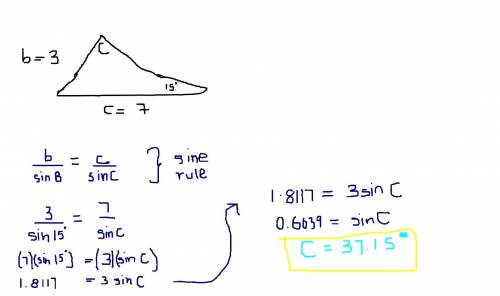 What is the sine of c if triangle abc has b = 3, c = 7, and angle b = 15°?